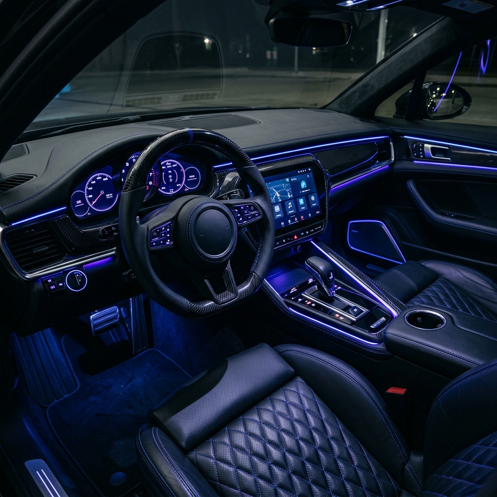 Car shringar — premium seat covers, ambient lighting, custom sound systems